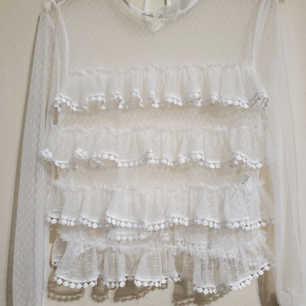 White Ruffle Front Sheer Long Sleeve Blouse Medium